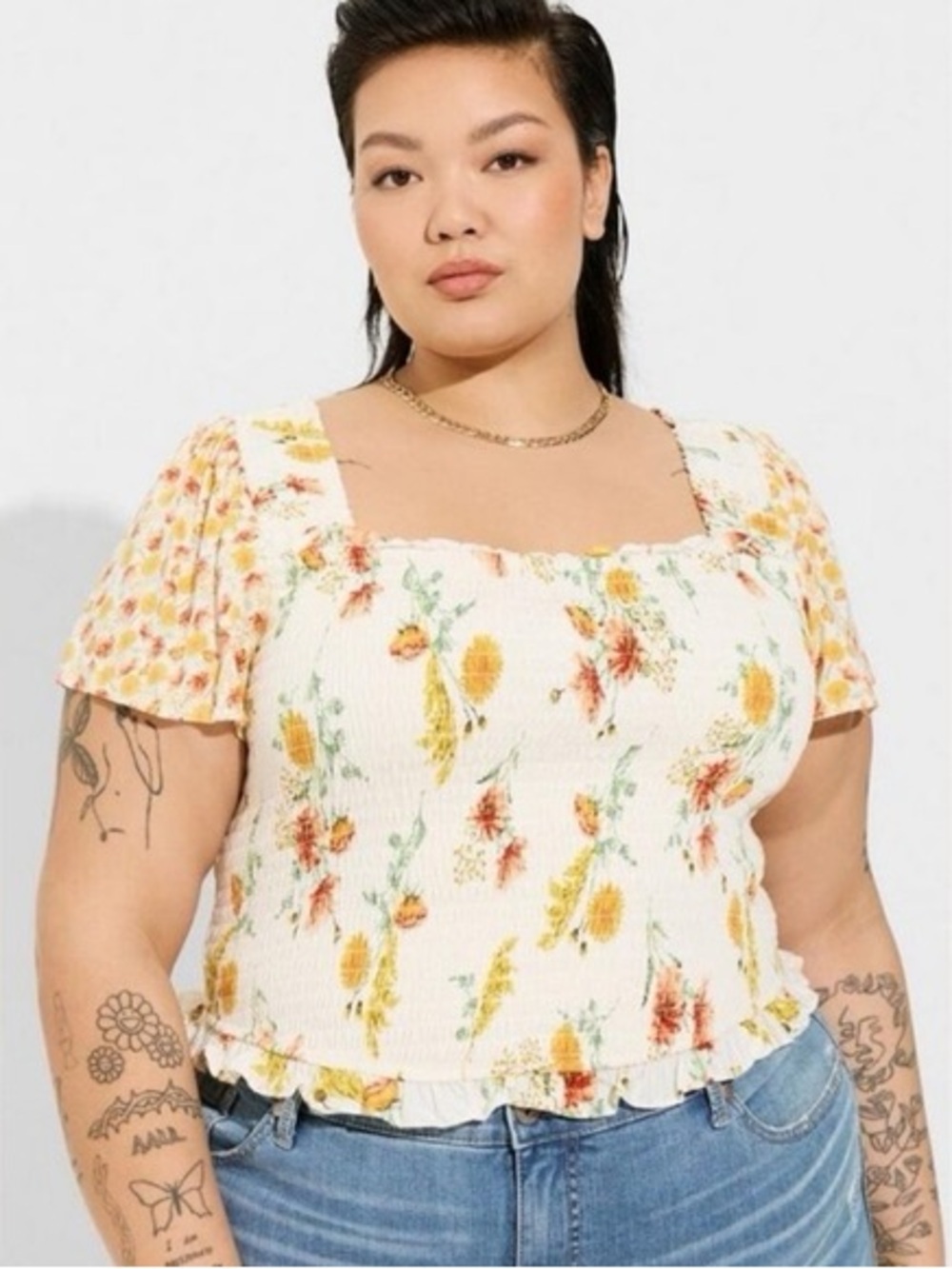 Torrid size 1 smocked flutter short sleeve crop top warm sunset floral